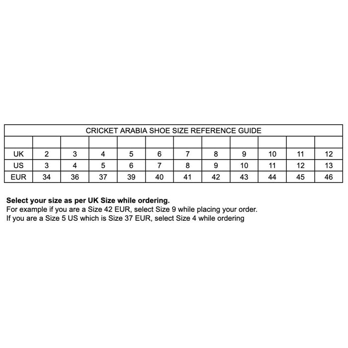 Cricket Arabia shoe size reference guide on a white background