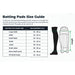 Batting pad size guide with knee-to-top-of-foot measuring instructions