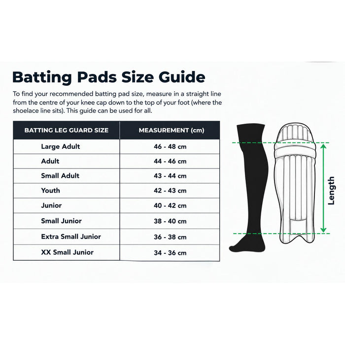 Batting pads size guide showing knee-to-top-of-foot measurement ranges from XX Small Junior to Large Adult