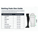 Batting pads size guide showing knee-to-top-of-foot measurement ranges from XX Small Junior to Large Adult
