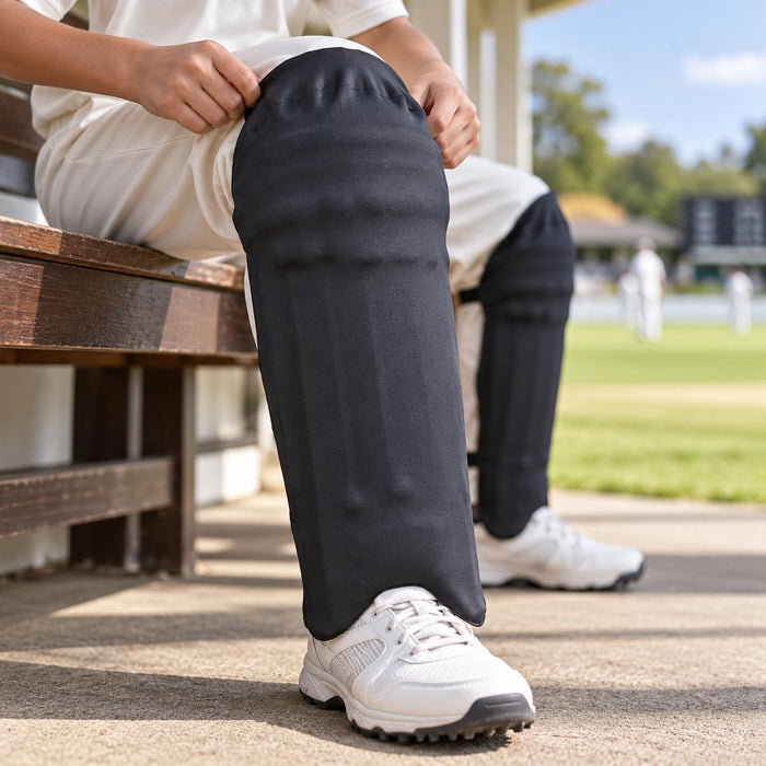 Cricketer smoothing a black stretch skin cover over a batting pad before play