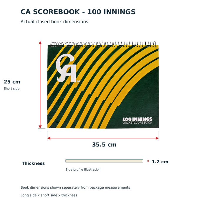 CA 100 Innings Cricket Scorebook actual closed book dimensions 35.5 x 25 x 1.2 cm with measurement arrows