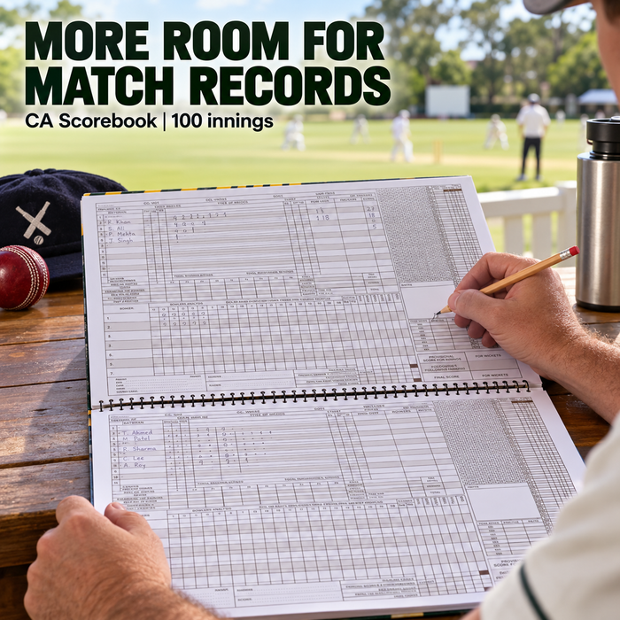 Scorer using the CA 100 Innings Cricket Scorebook at the cricket ground
