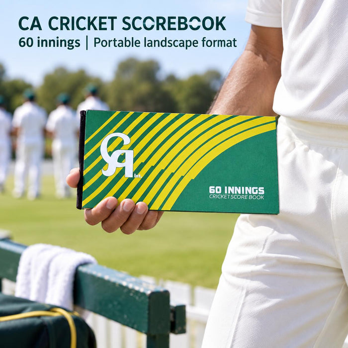 Coach holding the green and yellow CA 60 Innings Cricket Scorebook