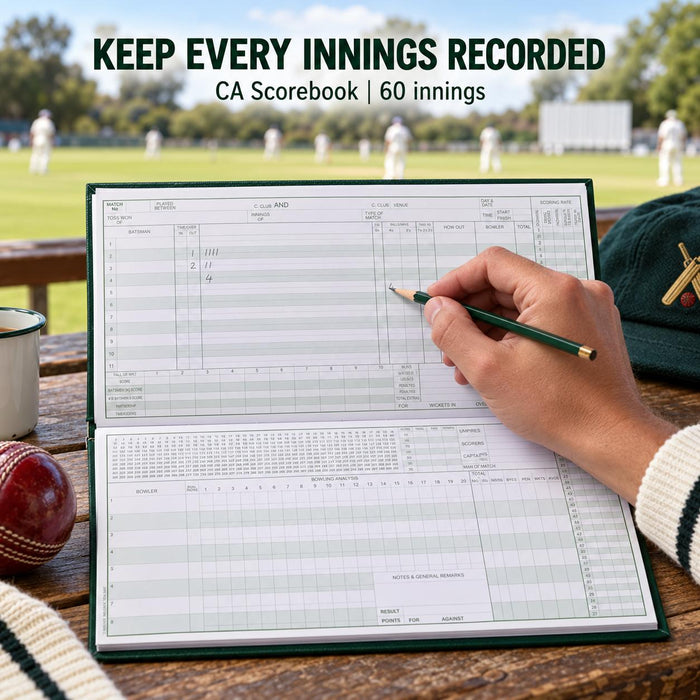 Scorer using the CA 60 Innings Cricket Scorebook at the cricket ground