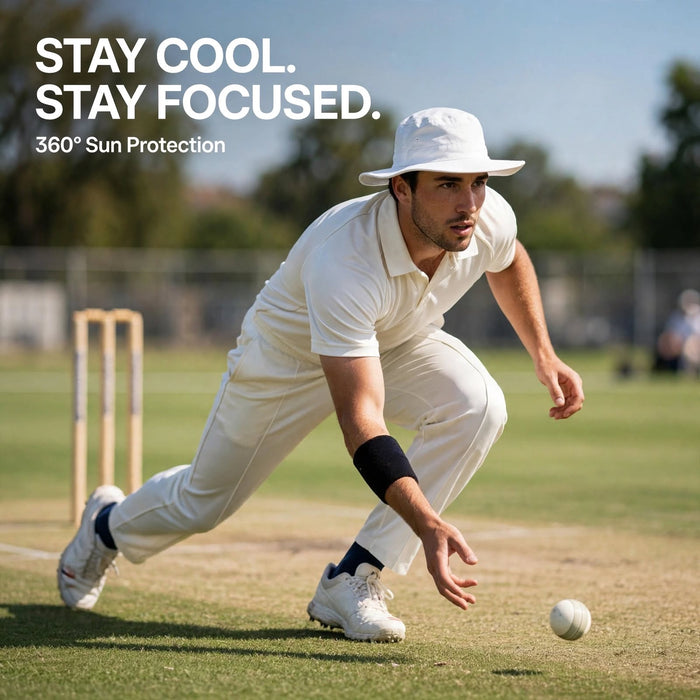 CA wide brim cricket Panama hat worn by cricketer with 360 degree sun protection
