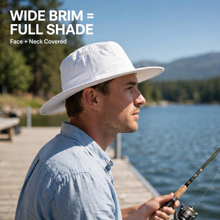 CA wide brim Panama hat providing face and neck shade