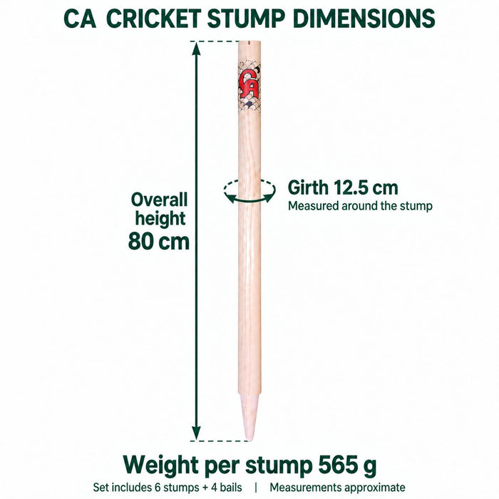 CA wooden cricket stump with arrows showing 80 cm overall height, 12.5 cm girth around the shaft and 565 g weight per stump