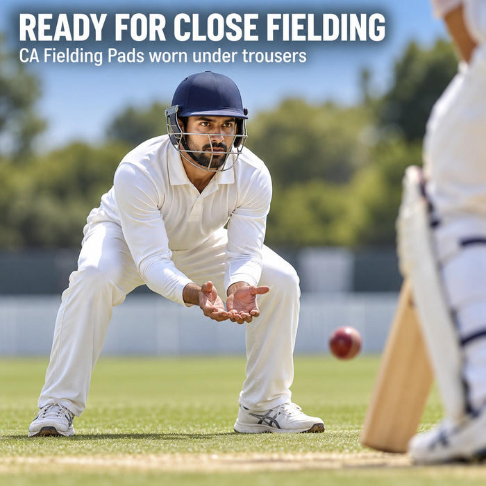 Close fielder wearing CA Fielding Pads beneath cricket trousers