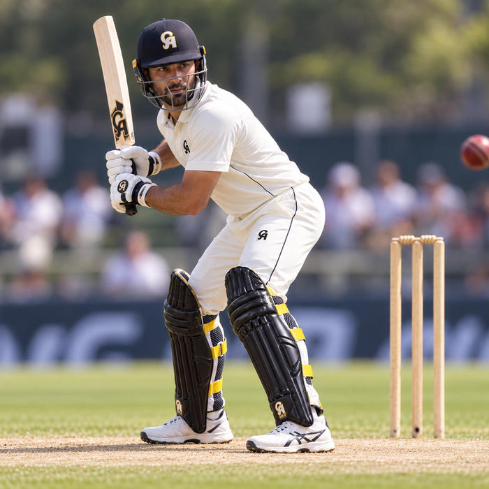 Batter wearing CA Gold 20K black cricket batting leg guards in an outdoor match