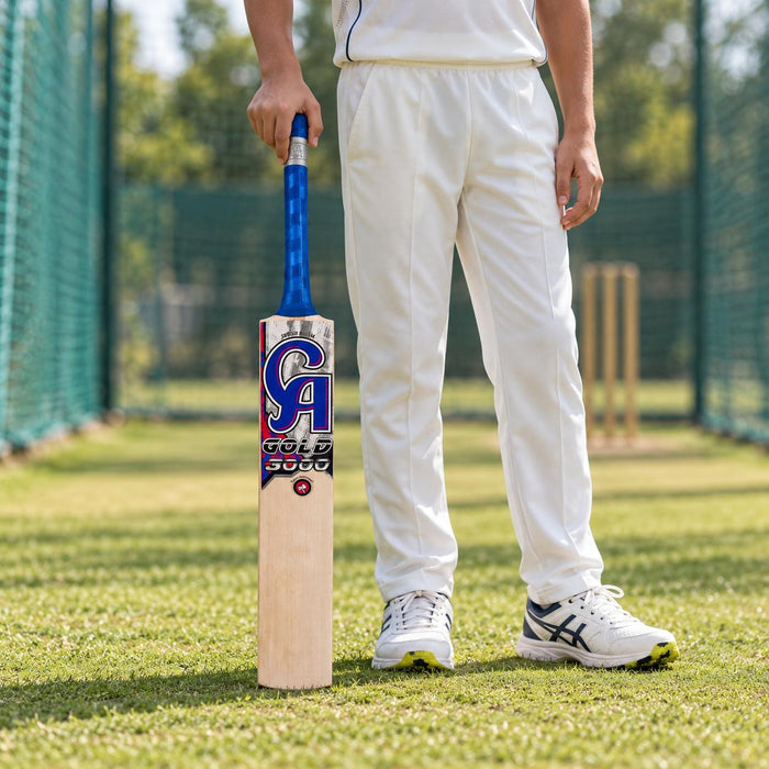CA Gold 3000 English Willow Bat Size 6 (Six) held upright by a cricketer before practice