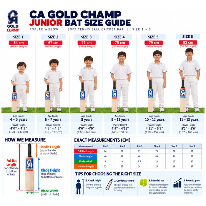 CA Gold Champ junior bat size guide for sizes 1 to 6 showing bat lengths, player heights, age guidance and measurement instructions