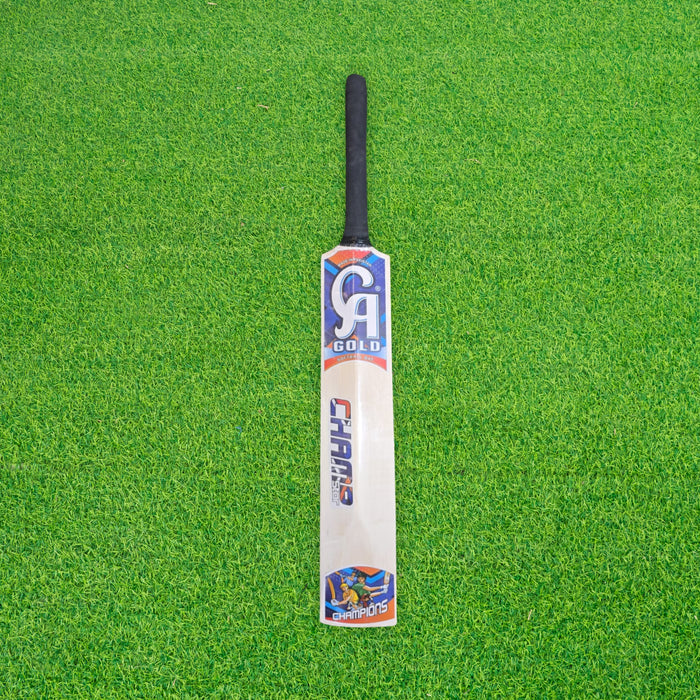 CA Gold Champ junior tennis ball cricket bat back view with black grip and Champions graphic