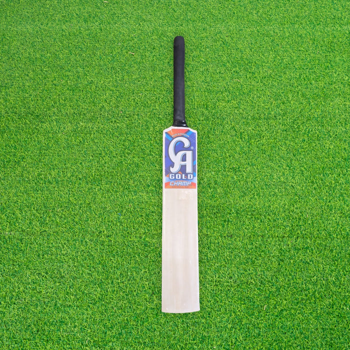 CA Gold Champ poplar willow tennis ball cricket bat front view with black grip