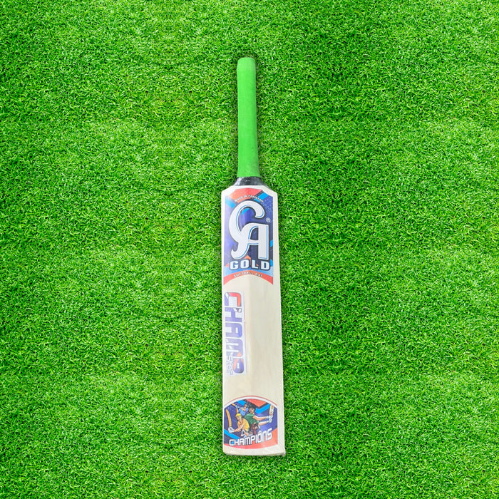 CA Gold Champ junior tennis ball cricket bat back view with green grip and Champions graphic