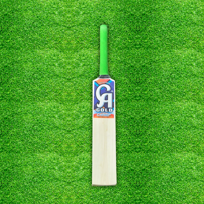 CA Gold Champ junior tennis ball cricket bat front view with green grip