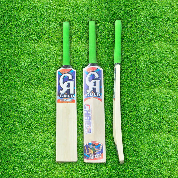 CA Gold Champ junior tennis ball bats with green grips showing front, back and side views