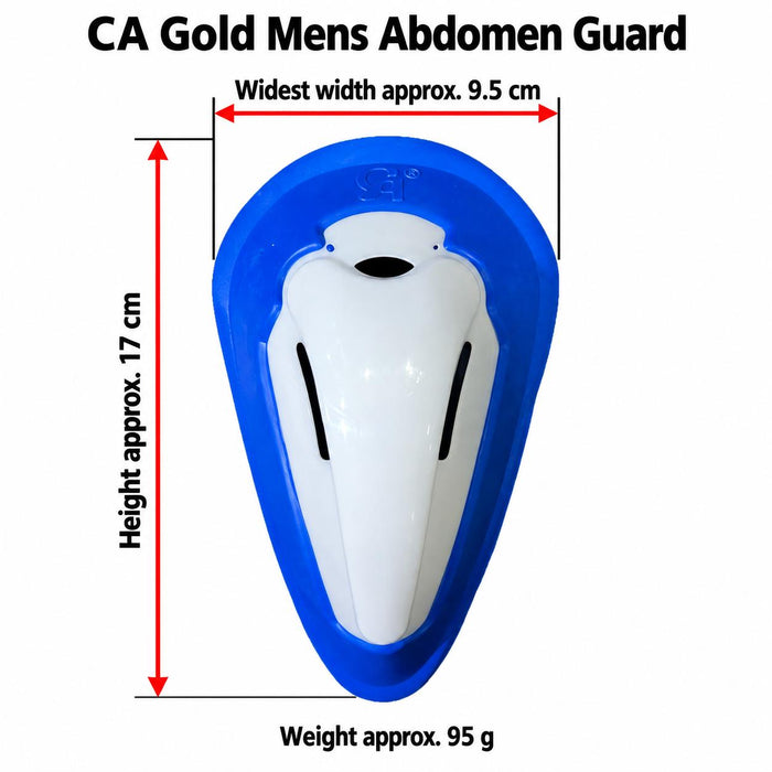 CA Gold Mens abdomen guard with red arrows showing height approx. 17 cm and widest width approx. 9.5 cm, with weight approx. 95 g