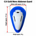 CA Gold Mens abdomen guard with red arrows showing height approx. 17 cm and widest width approx. 9.5 cm, with weight approx. 95 g