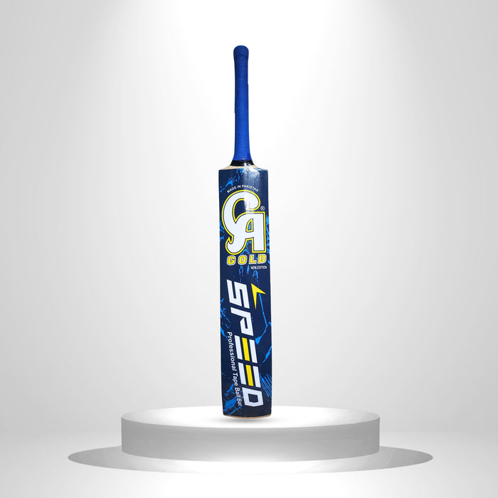 CA Gold Speed tape ball cricket bat rear profile with blue graphics and grip