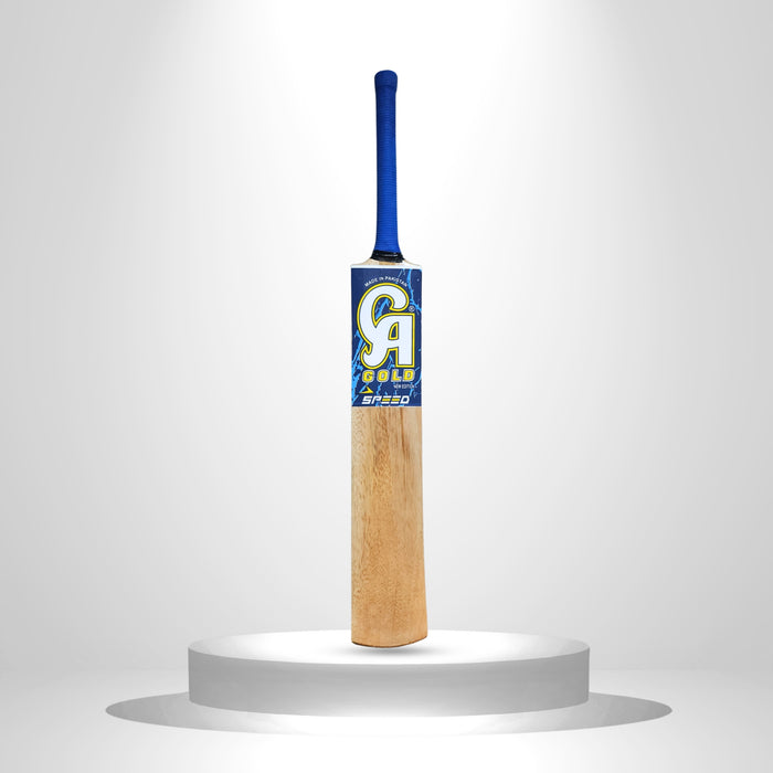 CA Gold Speed coconut wood bat front face and blue handle grip