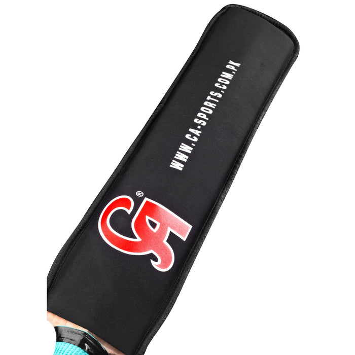 Angled view of CA half bat cover with red CA branding over a cricket bat blade