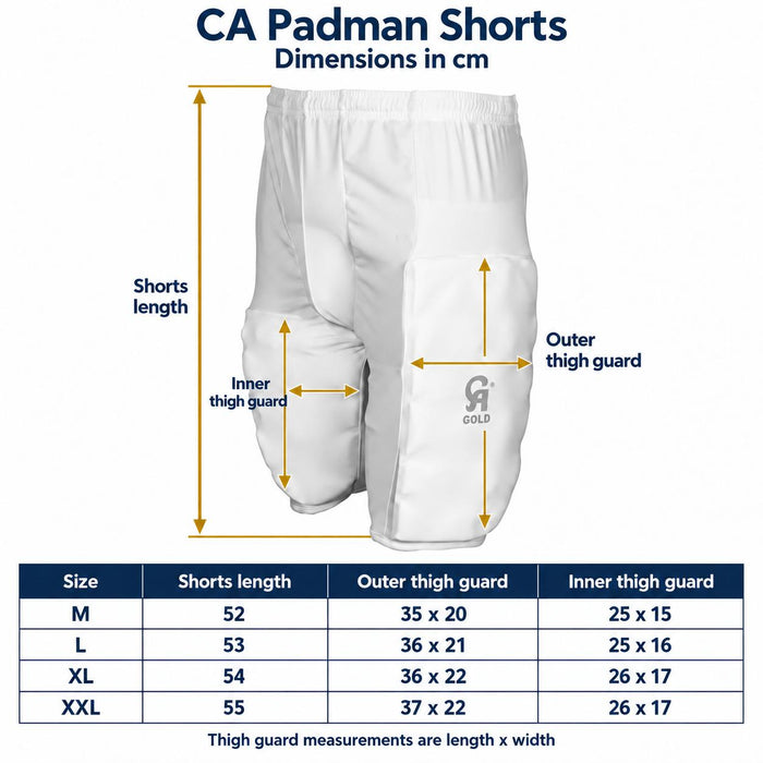 CA Padman shorts dimensions in cm - shorts length and outer and inner thigh guard measurements for M, L, XL and XXL