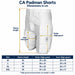 CA Padman shorts dimensions in cm - shorts length and outer and inner thigh guard measurements for M, L, XL and XXL