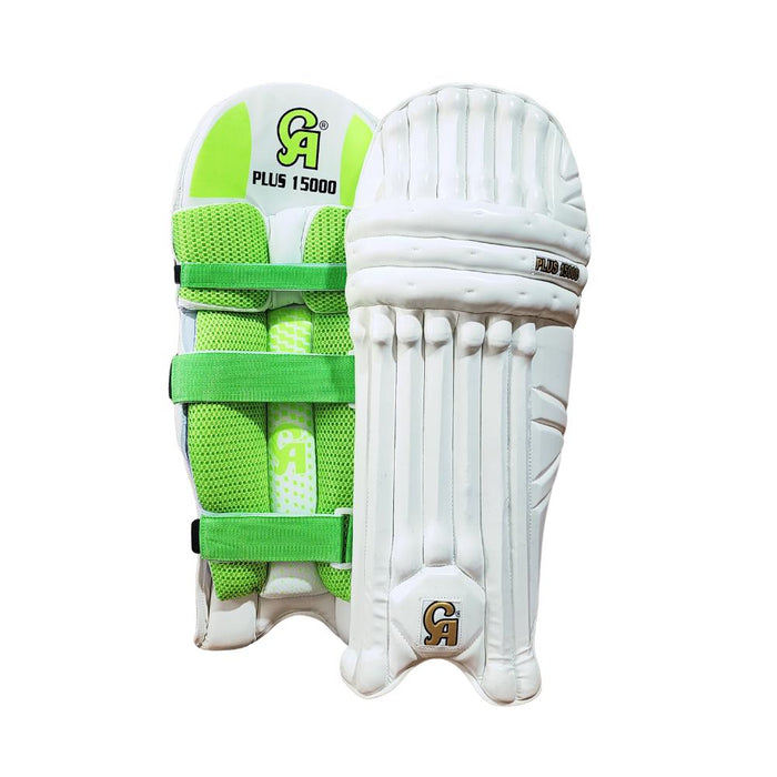 CA Plus 15000 white cricket batting leg guards with gold CA logo, product photo