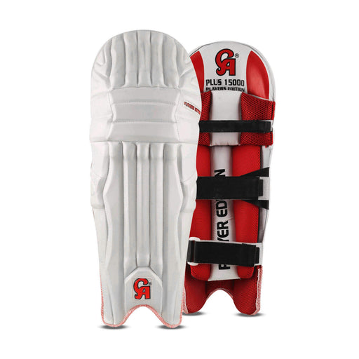 CA Pro 15000 PE white cricket batting leg guards, main studio product view