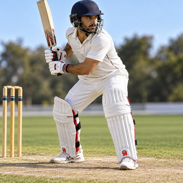 Cricketer wearing CA Pro 15000 PE white front batting pads with red CA logo, red rear mesh and black straps in ready stance