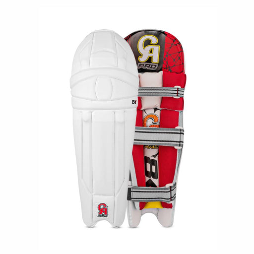 CA Pro 8K white cricket batting leg guards with red rear protection, original product photograph
