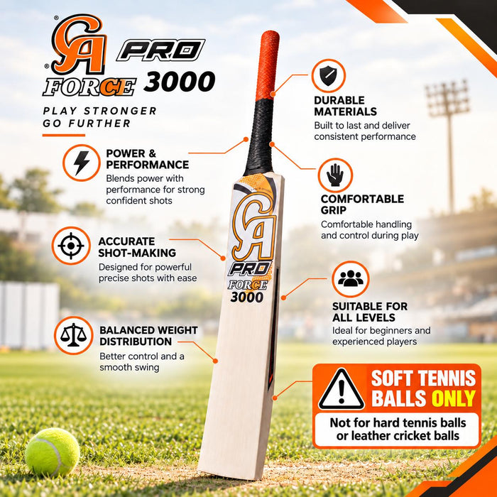 CA Pro Force 3000 bat feature guide stating soft tennis balls only, not for hard tennis balls or leather cricket balls