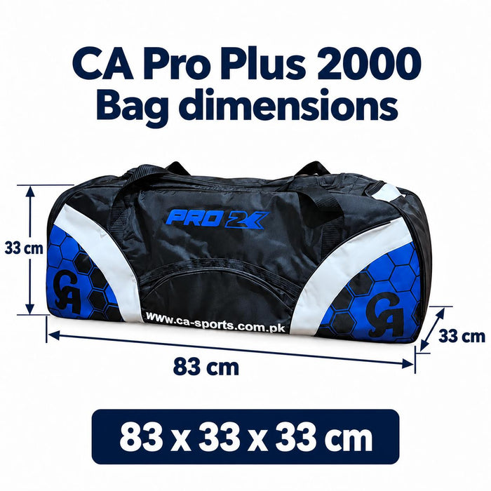 CA Pro Plus 2000 blue-accented kit bag dimensions with arrows: 83 x 33 x 33 cm