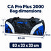 CA Pro Plus 2000 blue-accented kit bag dimensions with arrows: 83 x 33 x 33 cm