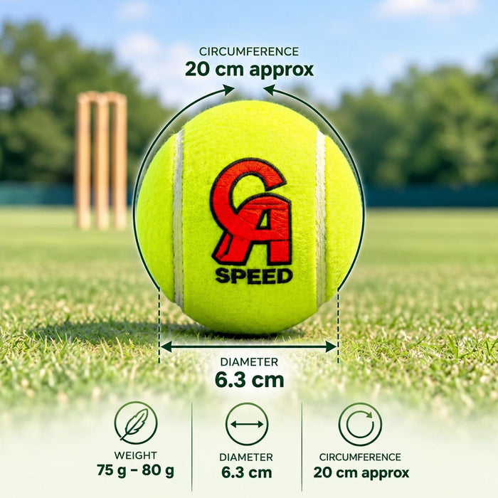 CA Speed tennis cricket ball - diameter 6.3 cm, circumference 20 cm approx, weight 75-80 g per ball