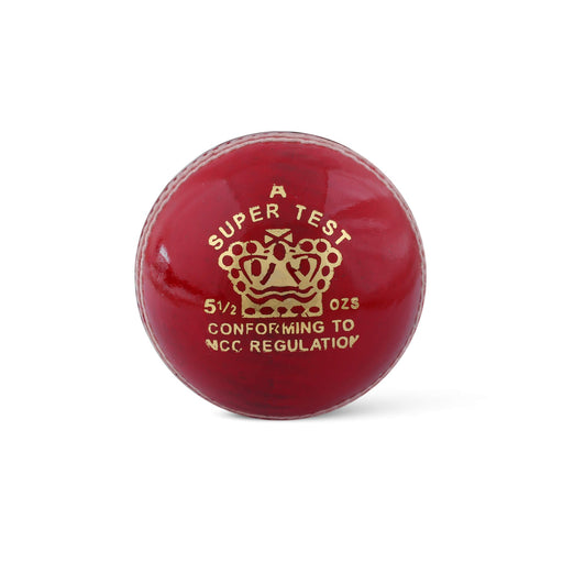 CA Super Test red leather cricket ball showing gold crown and model marking