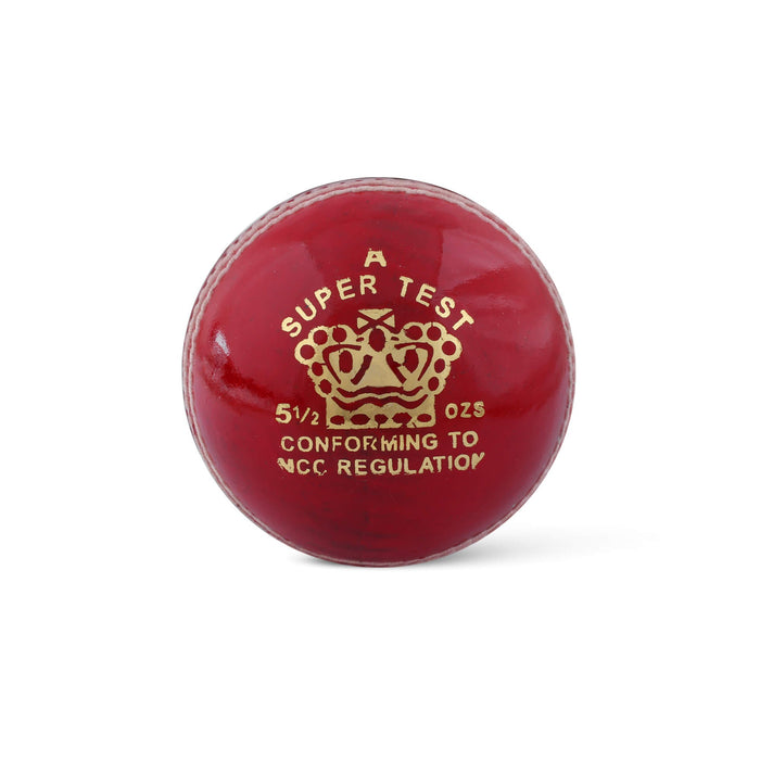 CA Super Test red leather cricket ball showing gold crown and model marking