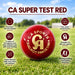 CA Super Test red leather cricket ball with chrome leather, 12-layer cork centre, wool binding, hand stitching and four-piece construction features