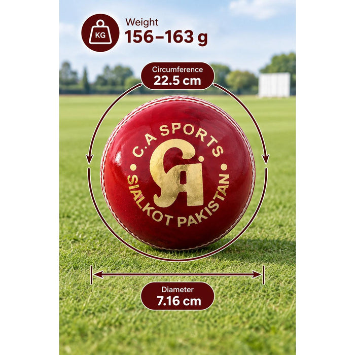 CA Super Test red cricket ball specifications showing weight 156-163 g, circumference 22.5 cm and diameter 7.16 cm