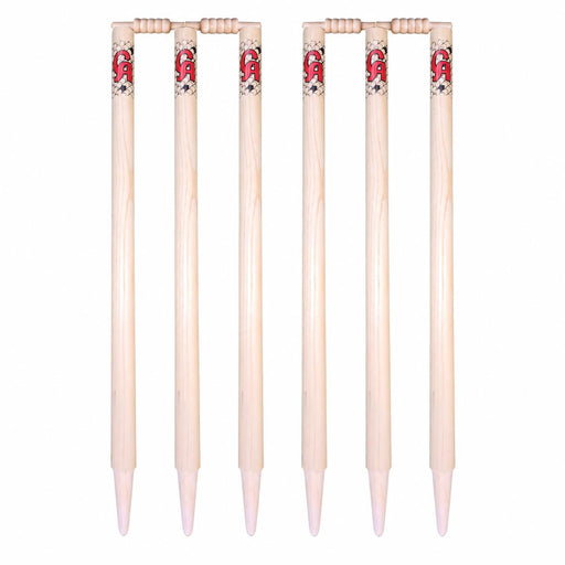 CA wooden cricket stump set - six stumps and four bails arranged as two wickets