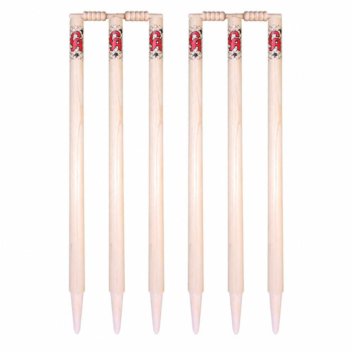 CA wooden cricket stump set - six stumps and four bails arranged as two wickets