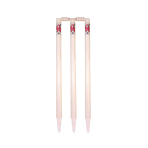 CA wooden cricket stumps and bails showing one assembled wicket