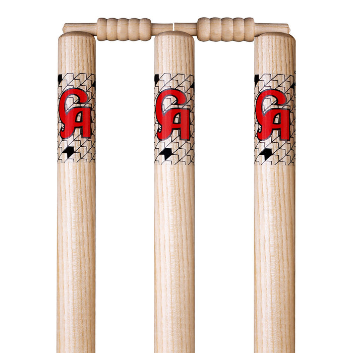 Close-up of CA wooden cricket stump tops and bails
