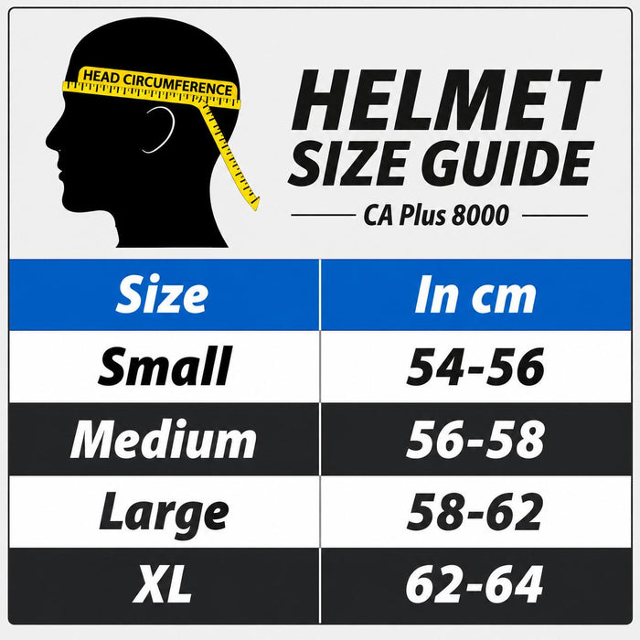 CA Plus 8000 cricket helmet size guide in centimetres