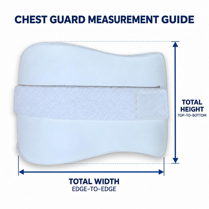 Unbranded chest guard measurement guide showing protective pad width edge-to-edge and height top-to-bottom, not body measurements