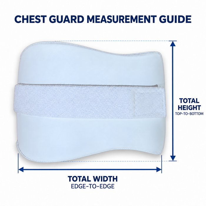 Unbranded chest guard measurement guide showing protective pad width edge-to-edge and height top-to-bottom, not body measurements