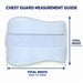 Unbranded chest guard measurement guide showing protective pad width edge-to-edge and height top-to-bottom, not body measurements