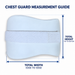 Unbranded chest guard measurement guide showing protective pad width edge-to-edge and height top-to-bottom, not body measurements