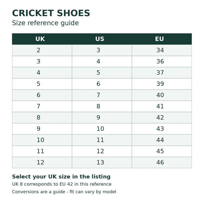 Cricket shoe UK US EU size reference chart - select your UK size; UK8 corresponds to EU42 in this stock reference